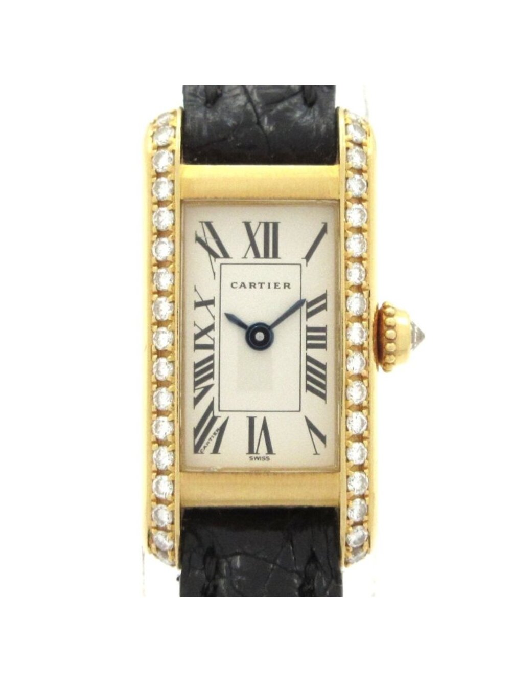 Cartier Watch Tank Alonge 18k Yellow Gold Leather Strap Diamond Bezel White